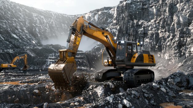 Photo a large yellow and black construction vehicle is digging into the ground