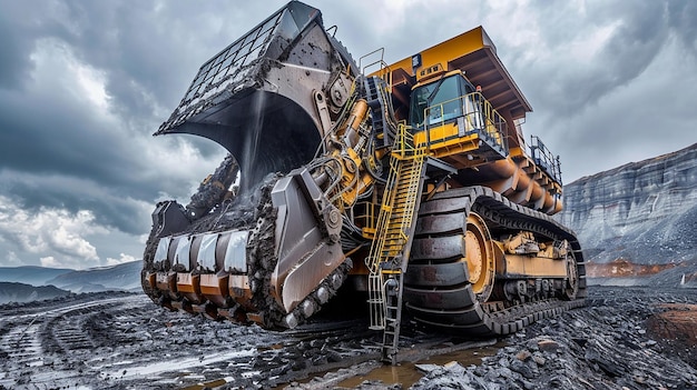 a large yellow bulldozer has a ladder on it