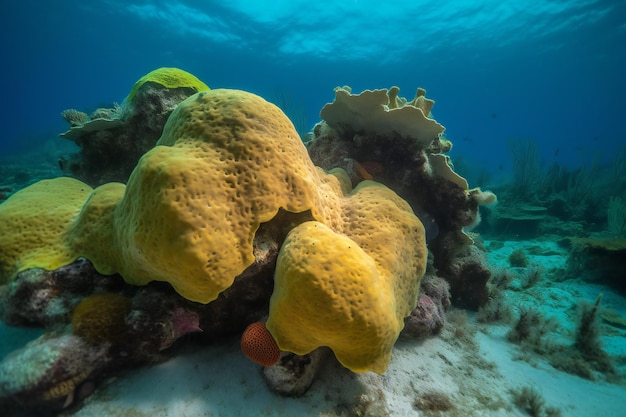 A large yellow coral is surrounded by water and the sun is shining on the surface.