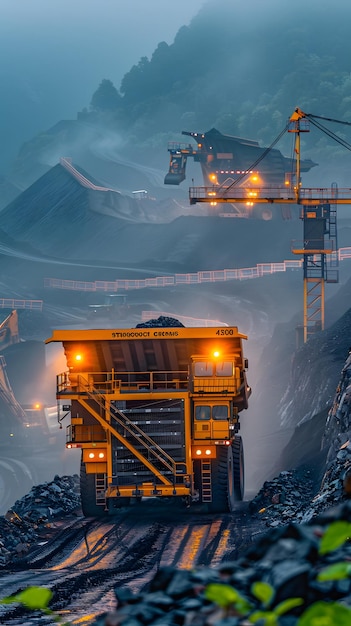 a large yellow dump truck with a crane in the background