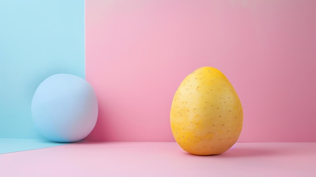 A large yellow egg sits in front of a pink background The egg is smooth and has a few small spots on it