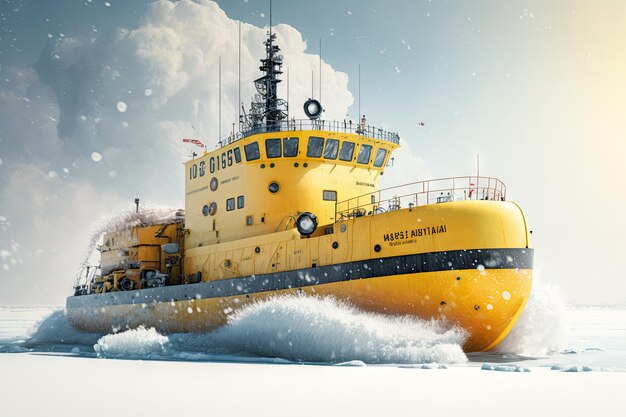 Large yellow icebreaker boat goes along snowcovered lake