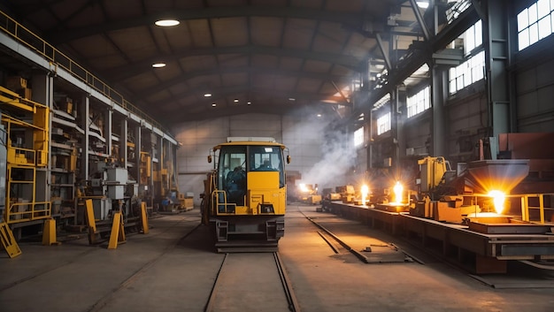 A large yellow industrial vehicle is in a factory with sparks and flames in the background