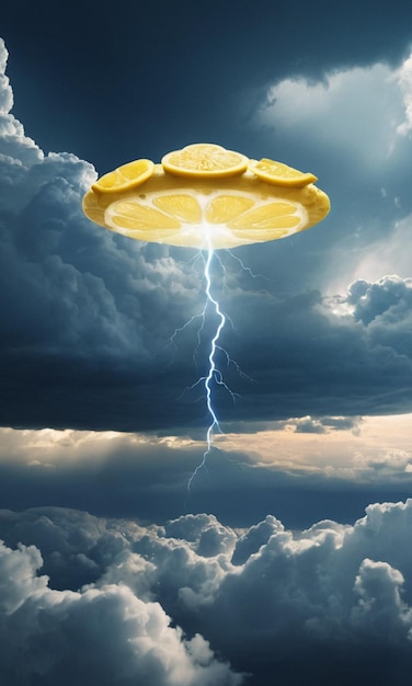 a large yellow object flying through a cloudy sky