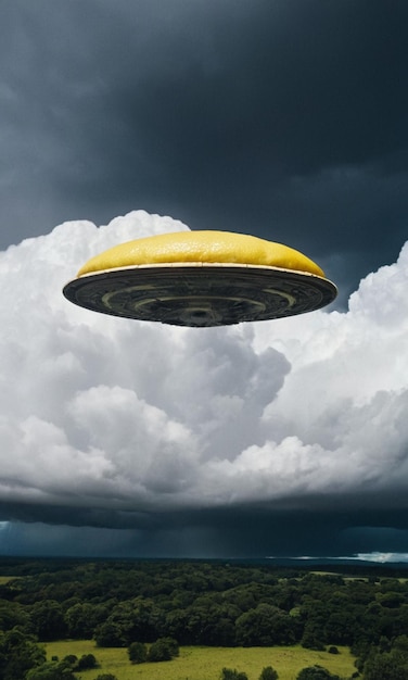 a large yellow object flying through a cloudy sky