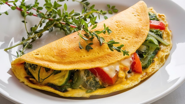 A large yellow omelet with vegetables and herbs on top