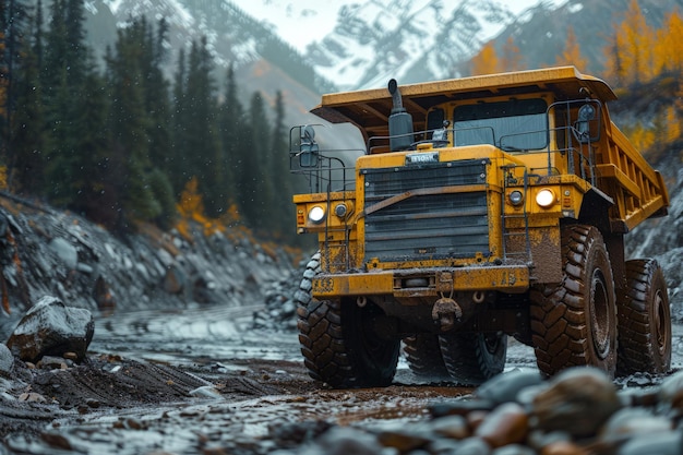 Large Yellow Truck Driving on Rocky Road