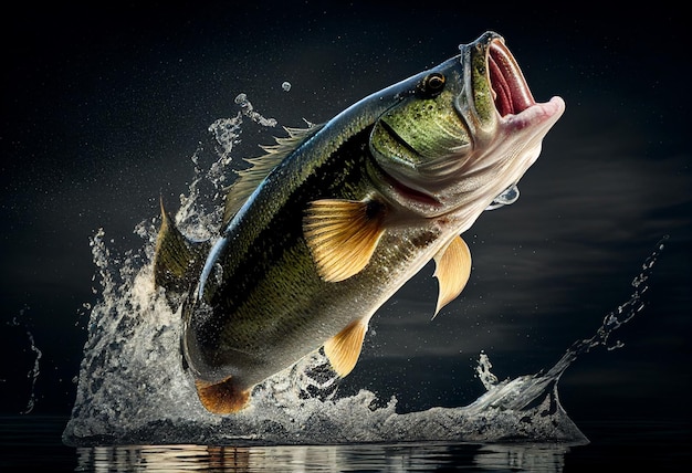 A largemouth bass jumping out of the water