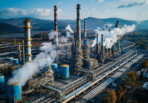 Largescale industrial plant with towering chimneys and pipelines stretching across the landscape emitting vapor