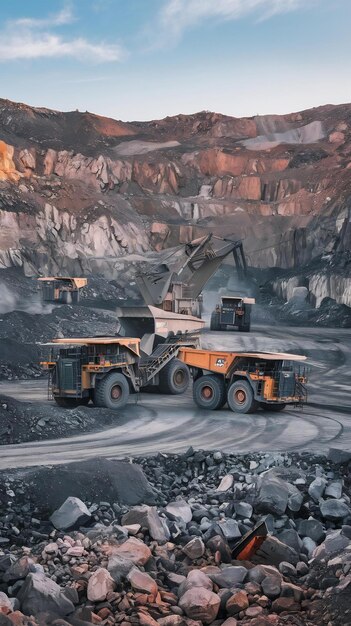 Largescale openpit mining in rugged mountnous landscape with heavy machinery and trucks at work