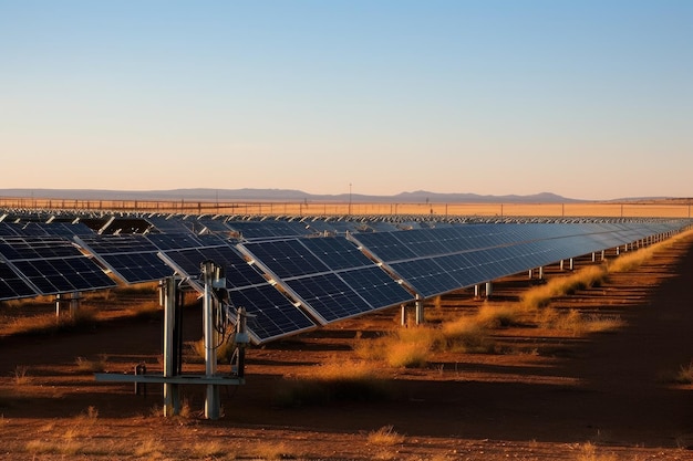 Largescale solar farm with rows of panels and turbines in the background created with generative ai