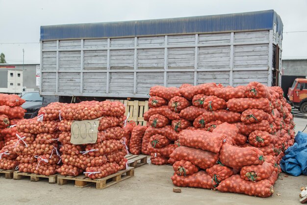 The largest market for fruits and vegetables The truck is loaded with various bagged vegetables Wholesale sale of potatoes and onions in bags straight from the back of a truck