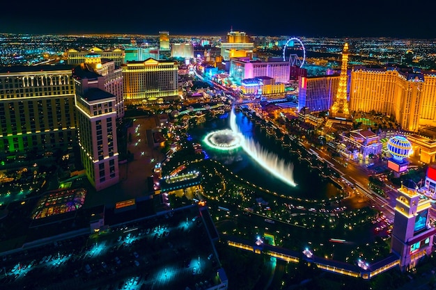 The Las Vegas Strip as seen from the Cosmopolitan hotel with view onto hotel and casino