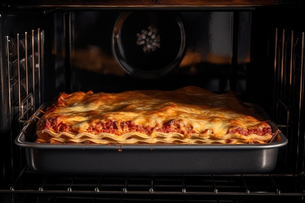 Lasagna baking in the oven with steam rising from the freshly baked noodles