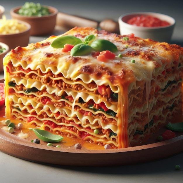 A lasagna dish with layers of pasta meat cheese and vegetables