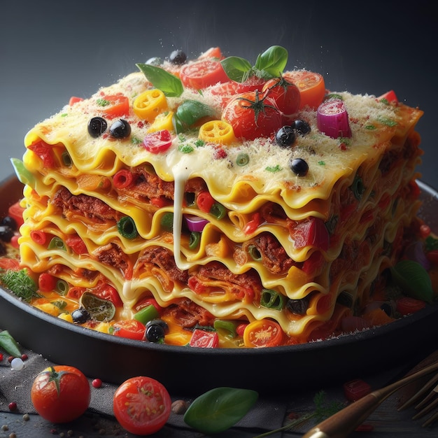 A lasagna dish with layers of pasta meat cheese and vegetables