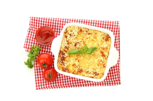 Lasagna isolated on white background top view