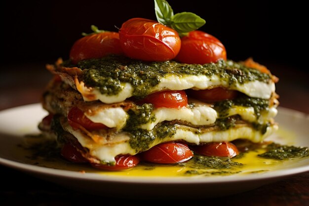 Photo lasagna with pesto sauce drizzled over the top and r