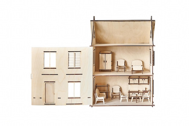 Laser cut doll house with small furniture made of plywood details with open wall on white background