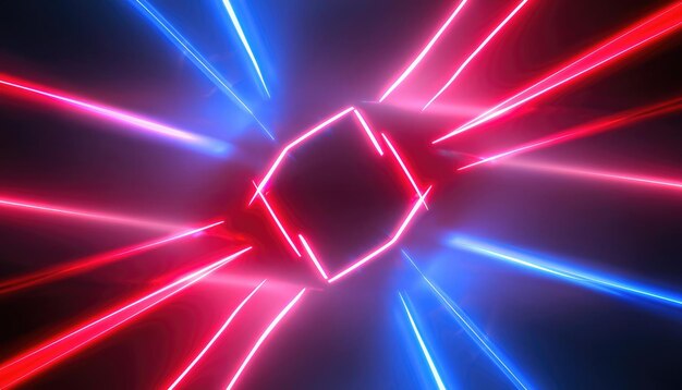 Laser neon red and blue light rays flash and glow