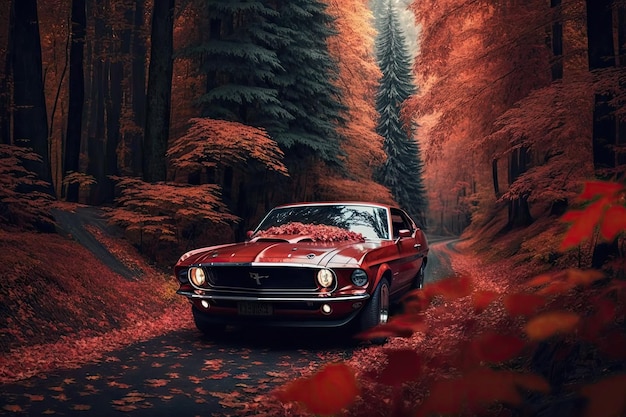 Laser red muscle car in Fall forest