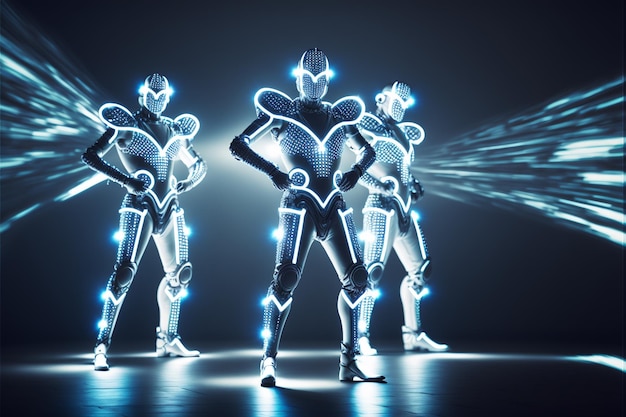 Laser show performance dancers in led suits with LED lamp very beautiful night club performance party