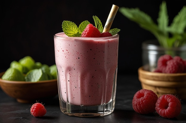 Lassi drink with raspberries in a glass with mint and a bamboo tube on a wooden board