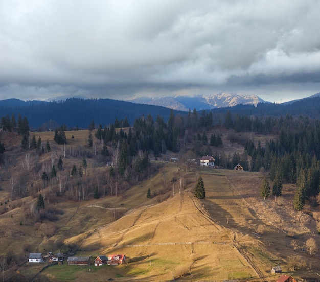 Last good weather days in autumn mountain countryside Peaceful picturesque Ukrainian Carpathians mountains scene