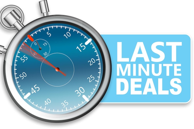 Photo last minute deals label with stop watch