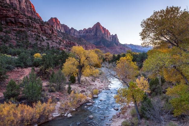 Last rays of the sun leaving the Virgin River Valley and surrounding mountains