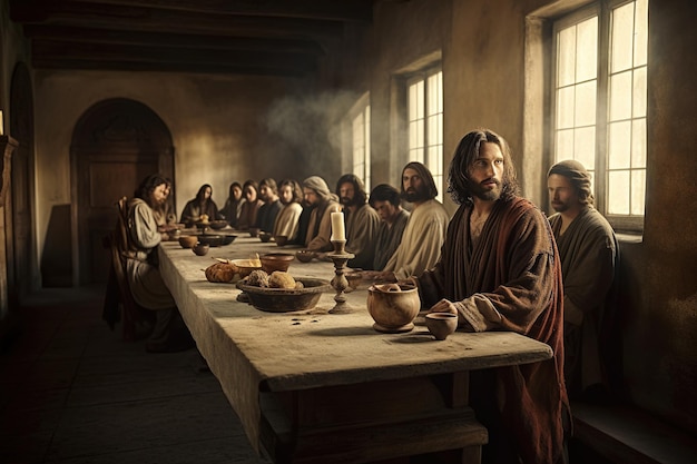 The Last Supper The religious concept of the assembly of Jesus Christ with the 12 apostles Bible Faith Drawing with paints Painting