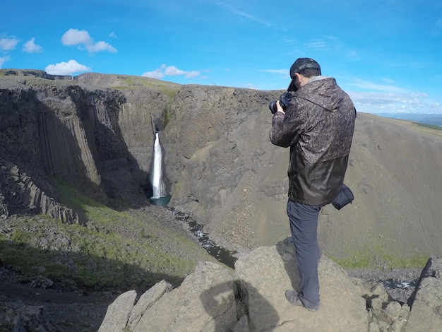 The last waterfall that descends from Hengifoss in Iceland from above