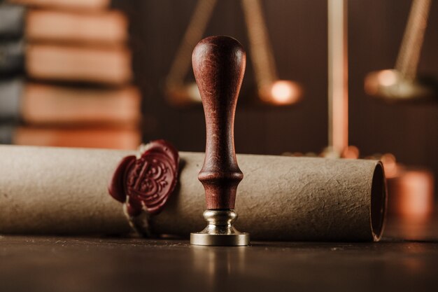 Last will and old wax seal close-up in notary office