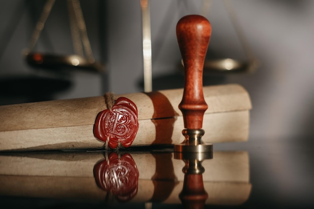 Photo last will theme document with wax seal and stamp in notary office