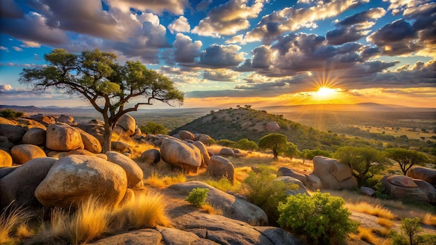 Photo late afternoon timelapse tilt up bushveld landscape with granitic rock boulders marula tree sclero