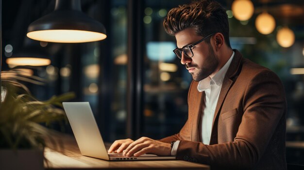 Late night marketing plan Professional man typing on laptop in office Generative AI