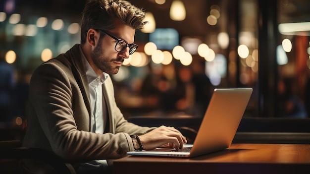 Late night marketing plan Professional man typing on laptop in office Generative AI