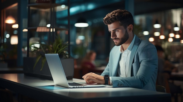 Late night marketing plan Professional man typing on laptop in office Generative AI