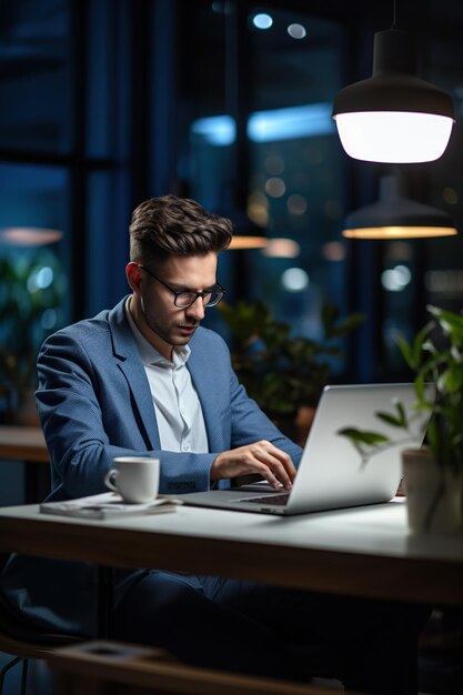 Late night marketing plan: Professional man typing on laptop in office