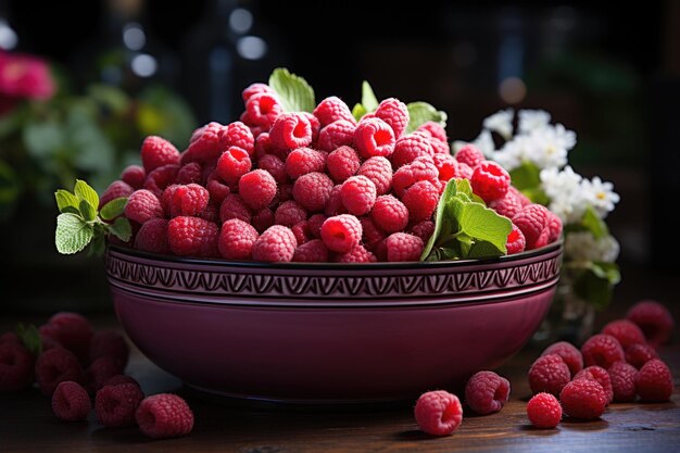 Lateral view of the raspberry bowl with flowers and leaves on the wooden surface generative IA