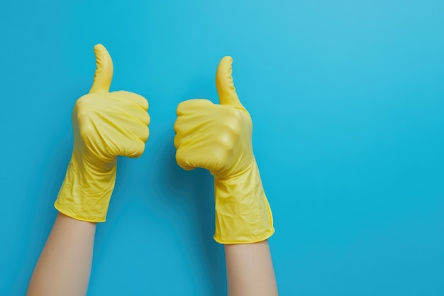 Photo latex gloves thumbs up yellow rubber gloves with thumbs up gesture on blue background copy space