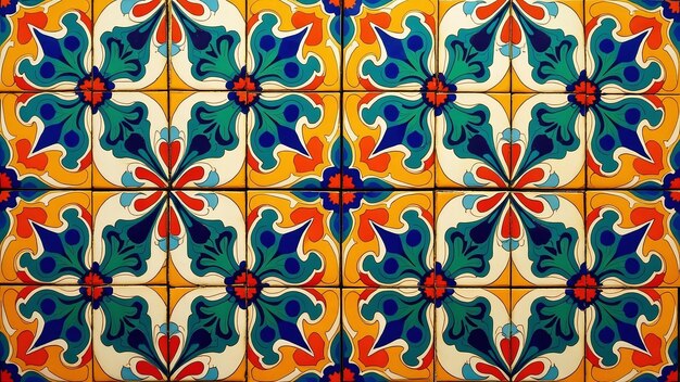 Photo latin american tile design with geometric and floral motifs in vibrant colors like deep blue terrac