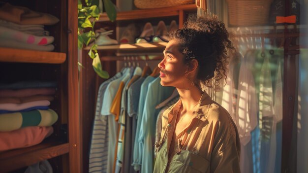 a Latin American woman organizing her closet with seasonal clothes in the morning