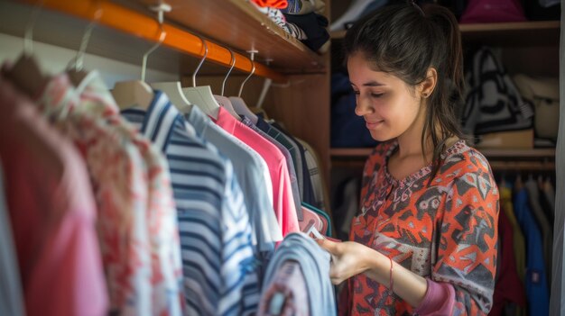 a Latin American woman organizing her closet with seasonal clothes in the morning