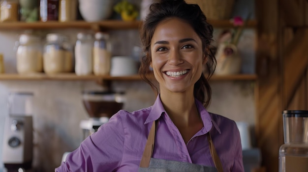 Photo latin brown woman in a purple shirt an apron smiling in a small coffee shop