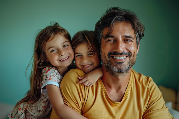 Latin father and daughters portrait indoors Generative AI