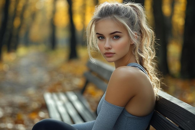 Photo latin girl in sportswear sitting on a bench in a public park