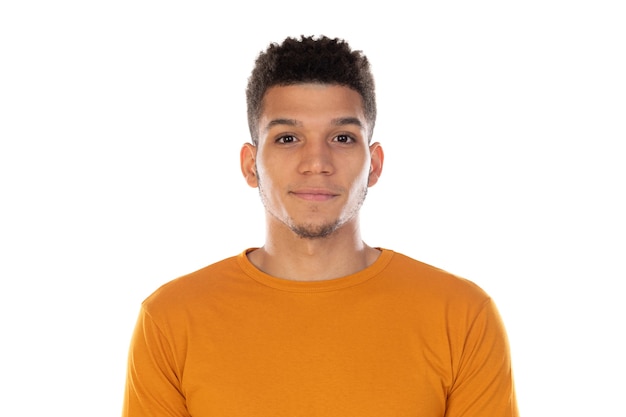 Latin guy with short afro hair isolated on white background