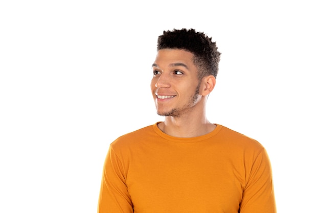 Latin guy with short afro hair isolated on white background