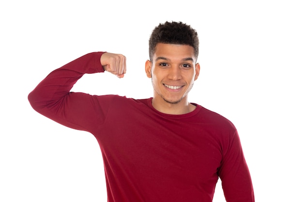 Latin guy with short afro hair isolated on white background